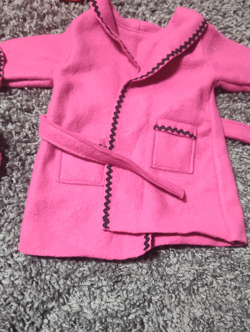 American Girl Bright Pink Doll Robe with Black Zigzag Trim And Slippers And Hair